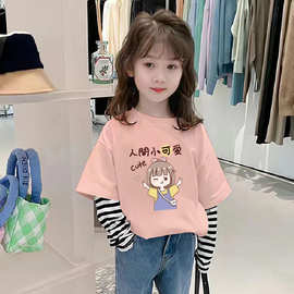 女童假两件长袖t恤春秋装儿童打底衫韩版洋气女孩卡通条纹上衣潮