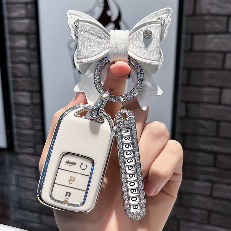 BT 키 유형 E - 스마트 4버튼 [싱글 쉘 화이트] + 화이트 리본 다이아몬드 버클 + 실버 번호판