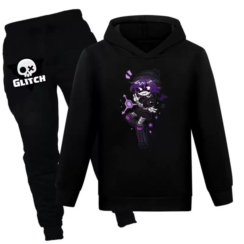 现货100-170码图案口袋卫衣帽衫+黑色长裤2件套装Pk1963A有吊牌棉