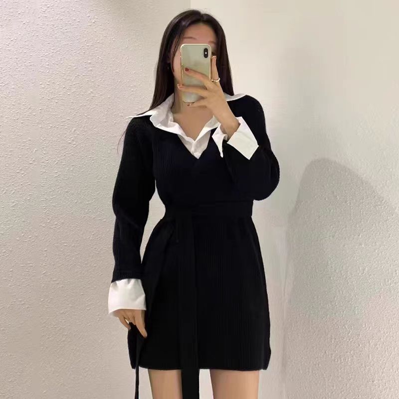 慵懒风韩版假两件衬衫拼接系带收腰针织连衣裙女秋冬短款毛衣裙子|undefined
