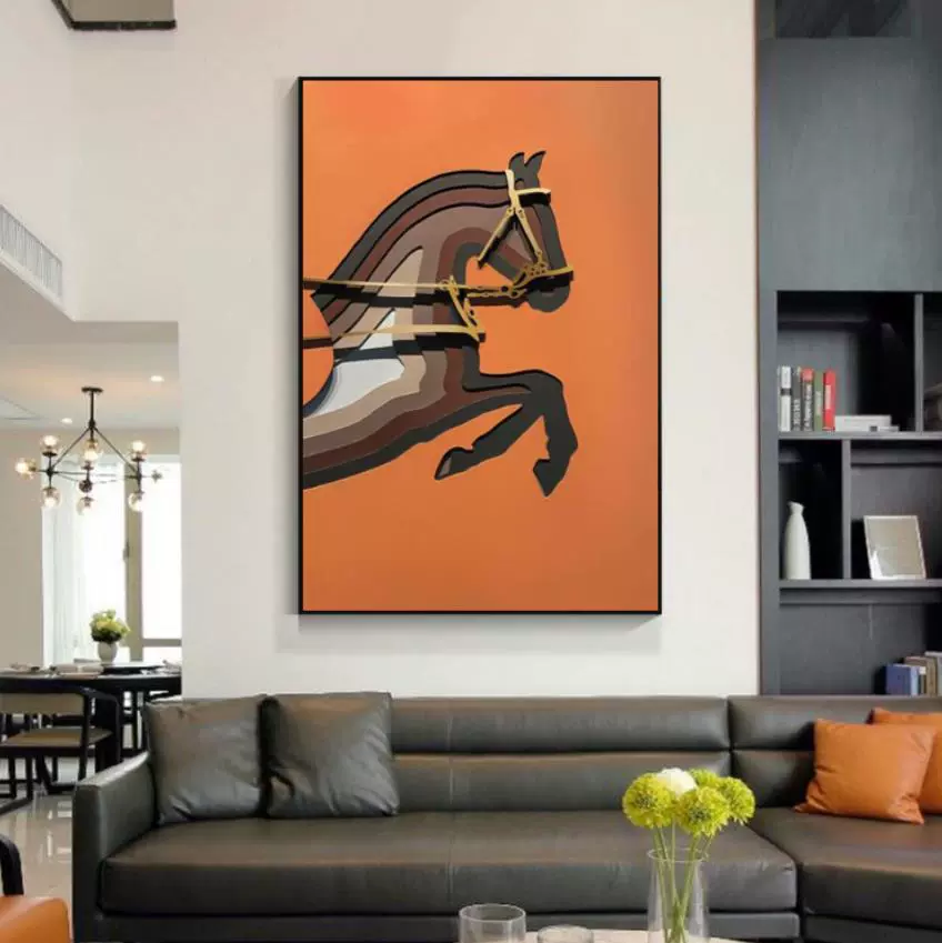 轻奢客厅装饰画现代大气沙发背景墙挂画落地玄关马到成功壁画