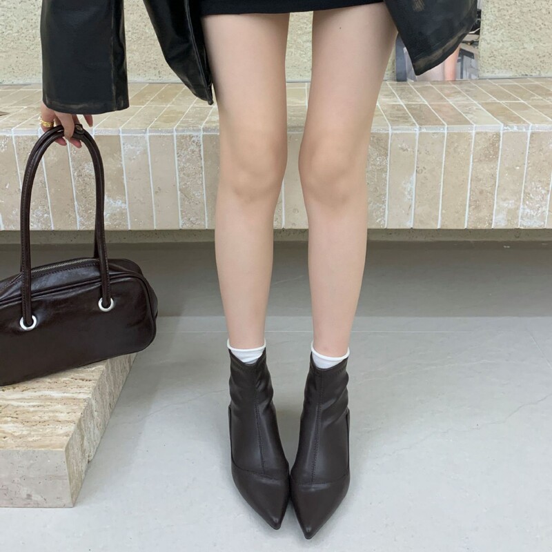 内增高时装靴2025年新款车缝线简约尖头及踝靴平底短靴女瘦瘦靴子|undefined