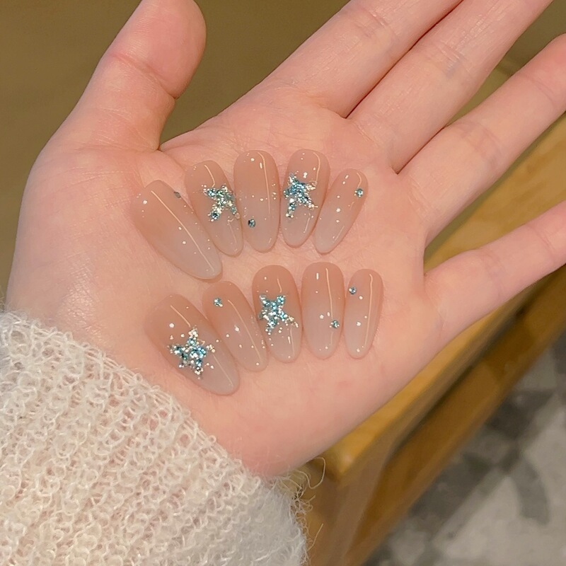 【Mist Blue Starburst】Milky White Gradient Blue Star Rhinestone Pure Handmade Wearable Nails 93 Styles with Box and Tool Kit