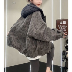 韩系复古豹纹连帽牛仔外套女冬减龄休闲慵懒风羊羔毛夹克