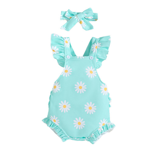 2024新款童装宝宝夏季短袖休闲哈衣爬服女童带头饰婴儿连体包庇衣