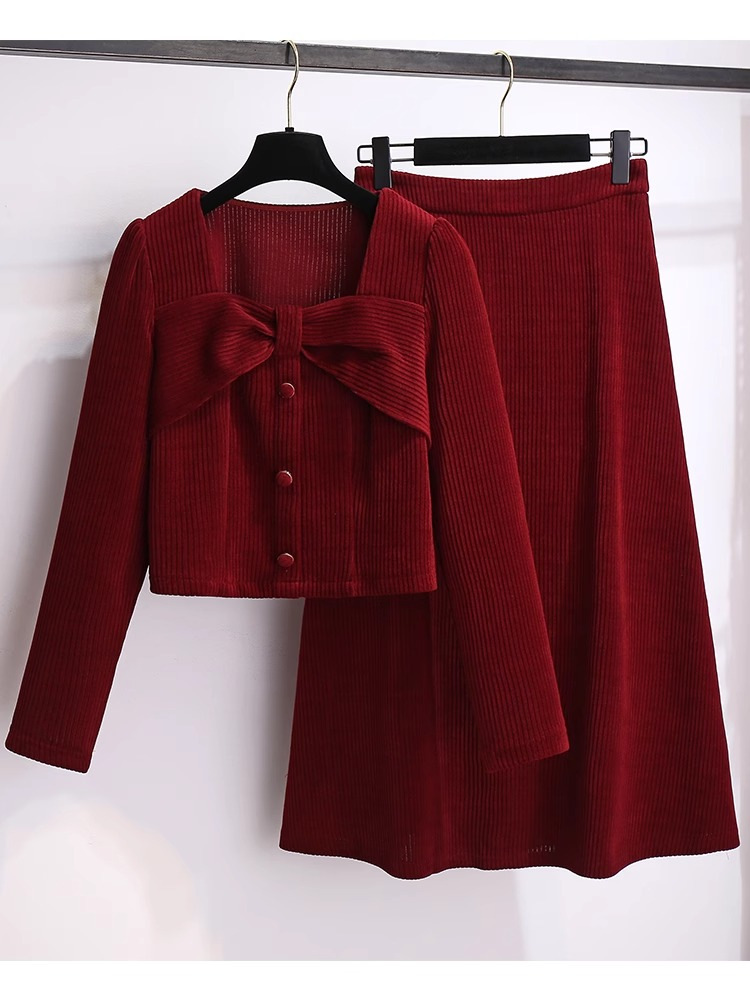 European goods 2024 spring and autumn small fragrant style bow suit skirt corduroy top skirt two-piece dress women