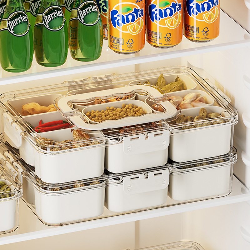 Caja de condimentos de grado alimenticio Caja de condimentos de especias portátiles de nueve puntos Caja de almacenamiento de refrigerador transparente de gran capacidad de cocina
