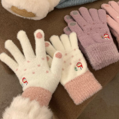 新款加绒加厚保暖雪人刺绣可触屏手套中大童女士冬季针织防寒手套