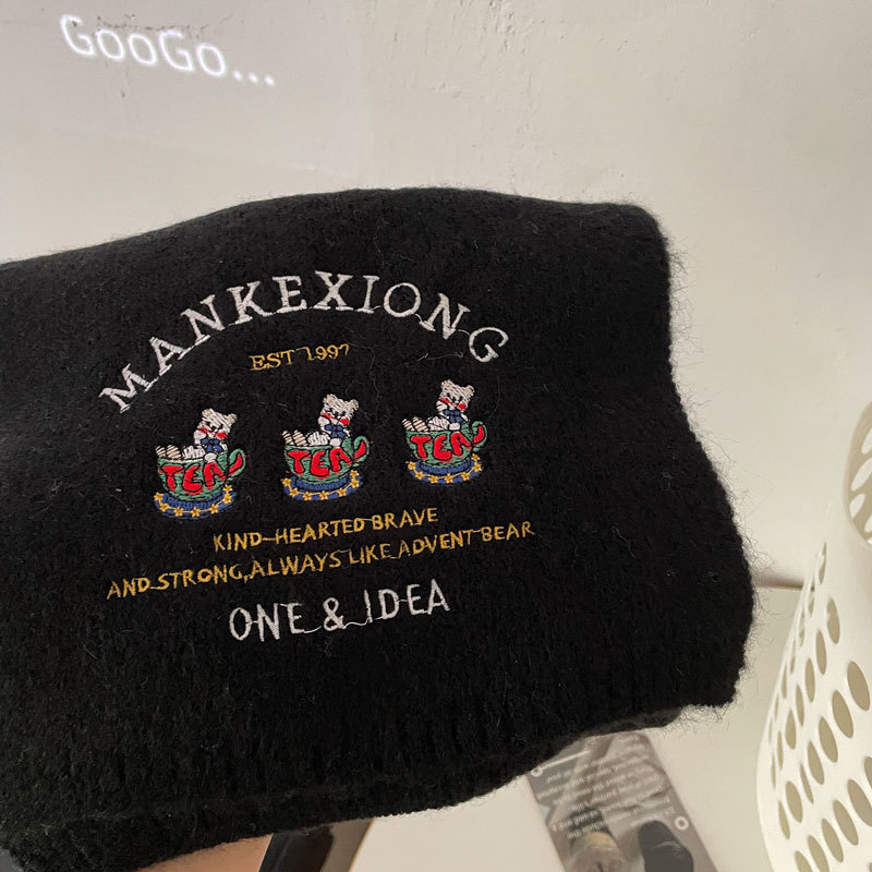 Sciarpa ricamata con tre piccoli orsetti ~ Dolce sciarpa in cashmere per il calore autunnale e invernale delle donne Coppia lavorata a maglia al collo_voghion.com