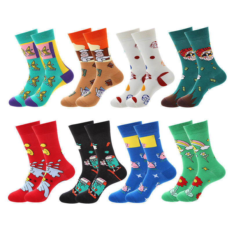 New Arrival Crew Member Cute Socks Black Special Pattern Coconut Palm Bookshelf Drum Face Men's