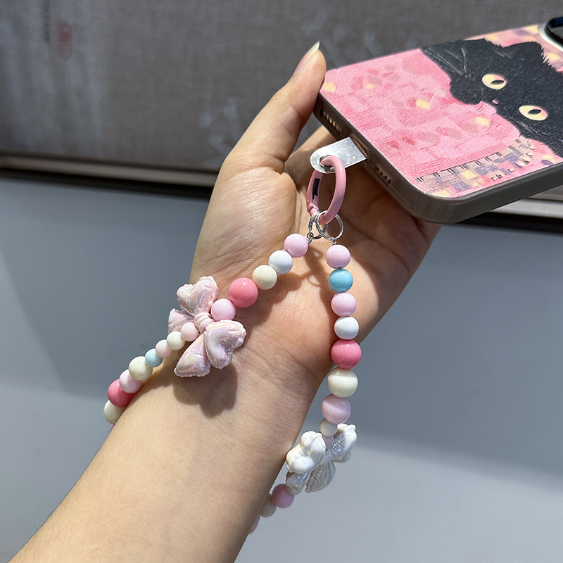 Foreign trade color hand diy worker beaded key chain ladies exquisite acrylic bow mobile phone chain pendant