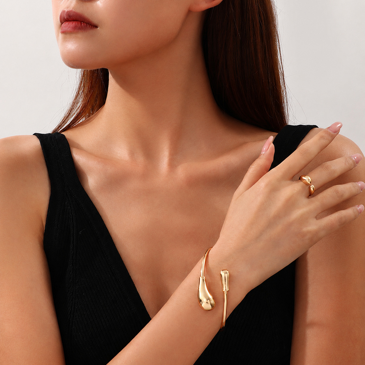 Moda transfronteriza europea y americana personalidad creativa metal geométrico cuadrado apertura ajustable pulsera femenina anillo conjunto de joyería image 16