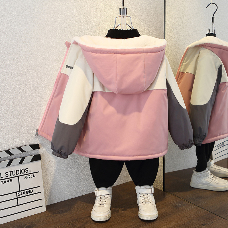 女童加绒外套秋冬款2025新款中小儿童休闲连帽休闲冲锋衣加厚棉服