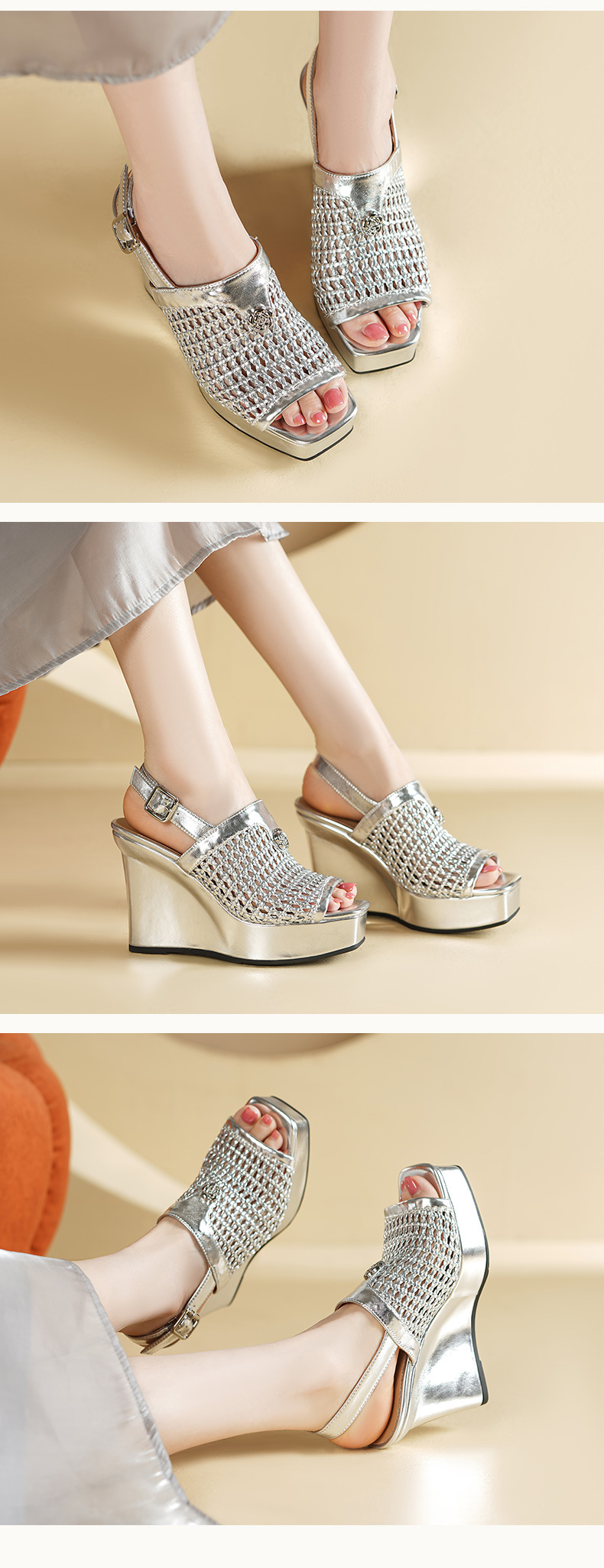 Sandal cao gót nữ đế xuồng chống nước, mũi hở kiểu miệng cá, da thật đan dệt, gót 9 cm — vàng, bạc chi tiết 5