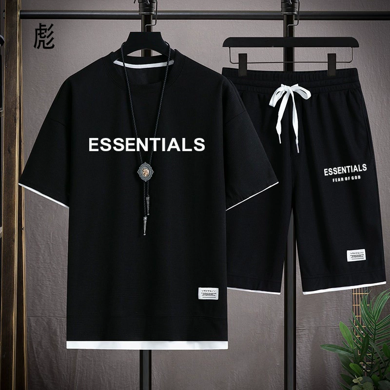 ESSENTIALS Double Line FEAR OF GOD Летние новые вафельные футболки-шорты из двух частей Мужская в гонконгском стиле