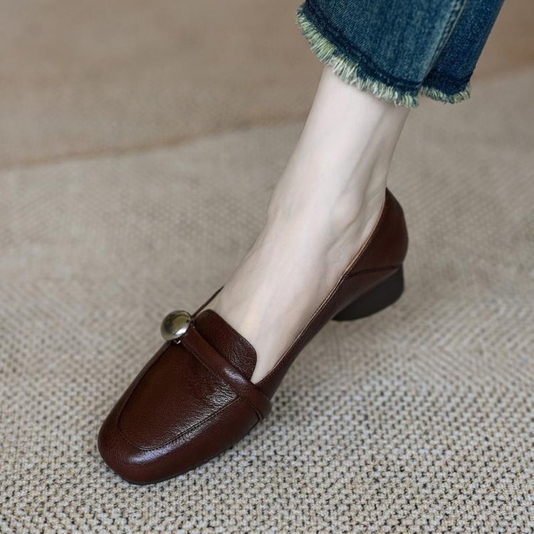 Chunky-heeled Soft-soled Shoes, Retro Loafers For Women, 2025 Autumn New Versatile Soft Leather Moccasins, Shallow_voghion.com