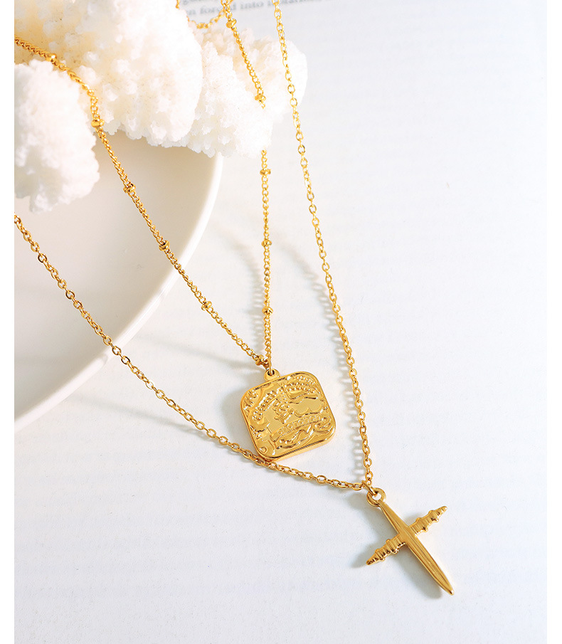 Simple Style Cross Letter Square Titanium Steel Plating Layered Necklaces_colorza_4