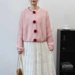 2025秋冬新款拼色立体花朵针织开衫女韩版宽松显瘦短款毛衣外套潮