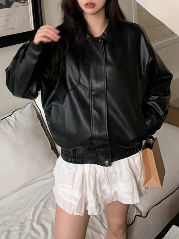 甜酷风黑色复古夹克皮衣外套女2025年冬季新款宽松机车服气质上衣|undefined