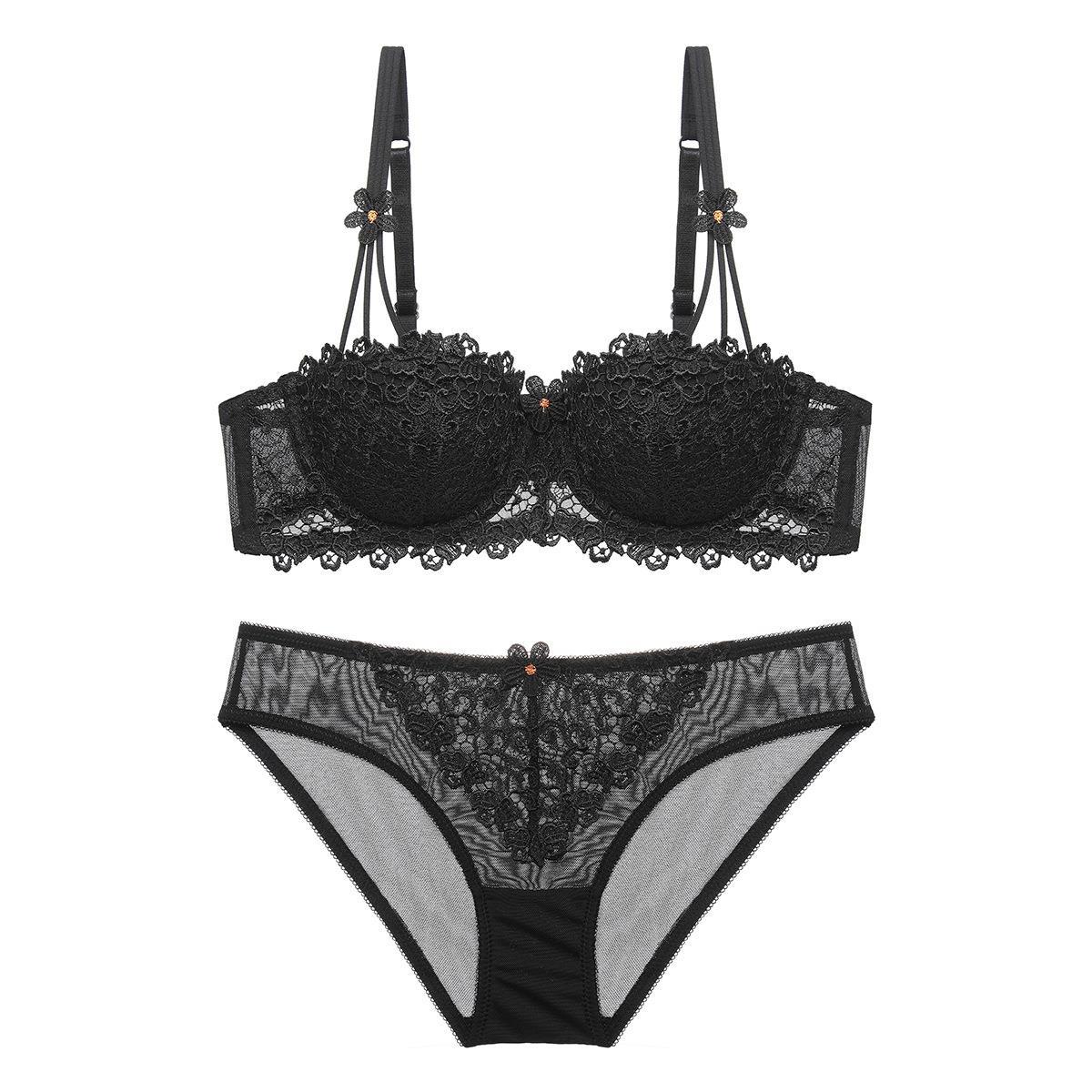 Thin 1/2 Half Cup Lace Sexy Embroidered Women's Underwear Bra Set_voghion.com