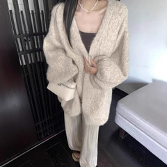 韓系の優しい風の柔らかいモチモチのニットのカーディガンの上着の女性の秋冬の新型の純色の百合のゆったりしている怠惰なセーターのコート