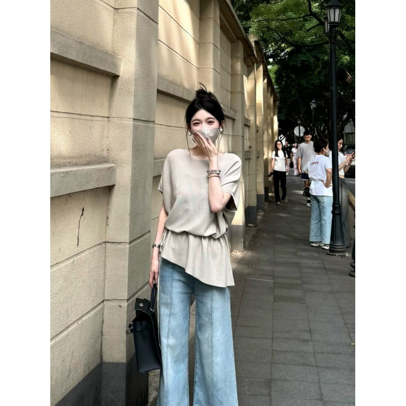 Популярная в этом году женская трикотажная футболка с короткими рукавами и круглым вырезом из ледяного шелка, лето 2025, новый свободный и очень красивый топ для похудения.