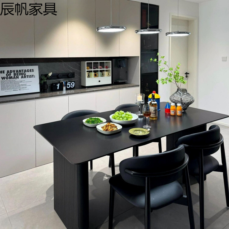现代轻奢黑色岩板餐桌椅餐桌组合意式家用饭桌长方形小户型简约|undefined