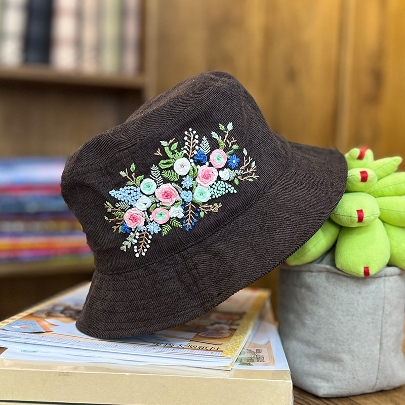 Lu bordado a mano diy sombrero de pescador sombrero de deportes para hombres y mujeres estudiantes sombrero de flores de dibujos animados casuales coreanos