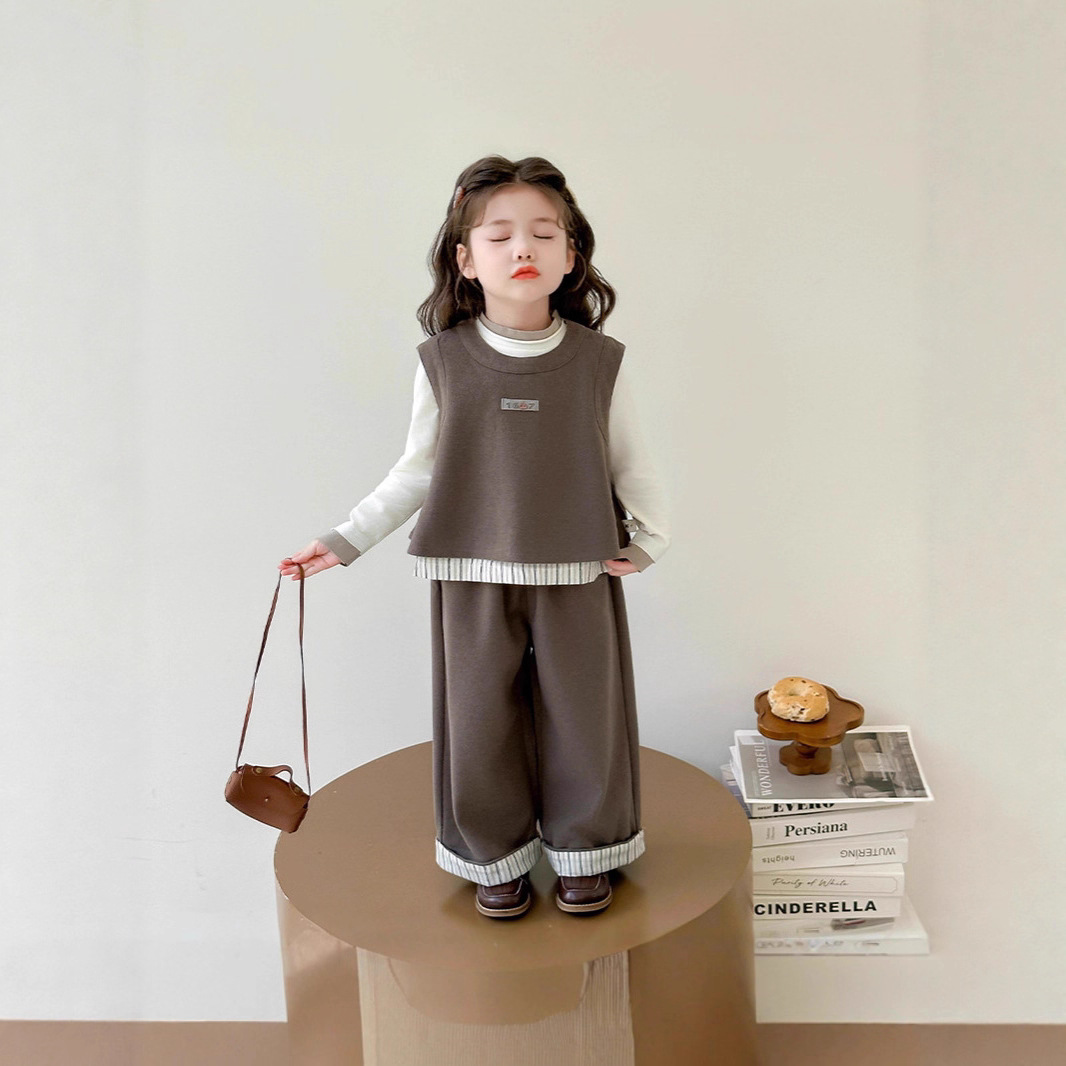 女童套装2025新款春秋装儿童洋气条纹妮子马甲打底衫三件套女宝宝