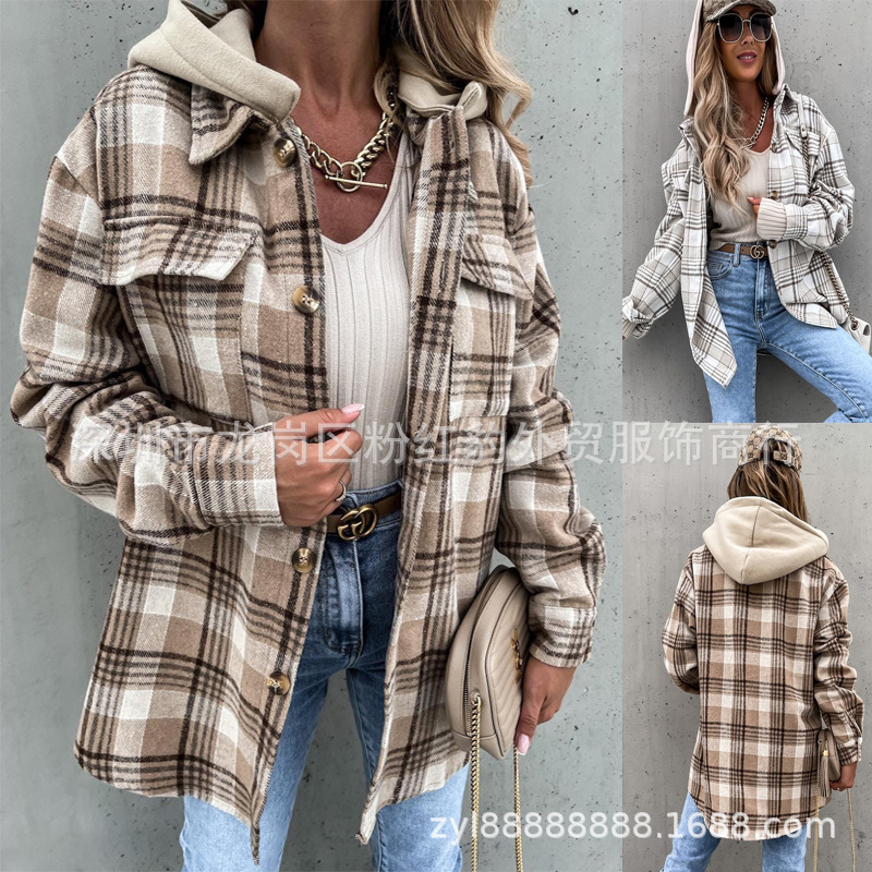 European and American Hot Style 2023 Ebay Winter Women's Outwear Fashionable Hooded (Removable) Woolen Plaid Outwear European and American Hot Style 2023 Ebay Winter Women's Outwear Fashionable Hooded (Removable) Woolen Plaid Outwear