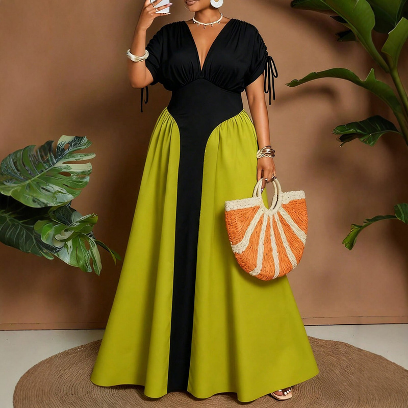 Cross-Border Foreign Trade European and American Plus-Size 2026 Summer New Simple V-Neck Solid Color Patchwork Waist-Cinching Mid-Length Dress Cross-Border Foreign Trade European and American Plus-Size 2026 Summer New Simple V-Neck Solid Color Patchwork Waist-Cinching Mid-Length Dress
