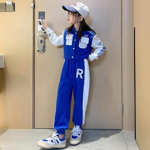 Girls' Spring and Autumn Set Fashion Long Sleeve Sports Jacket for Tweens Korean Version Two-Piece Workwear Set