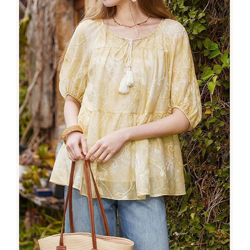 Jacquard Shirt for Women 2026 Summer New Style Puff Sleeve Textured Babydoll Shirt Round Neck Top S86S427A