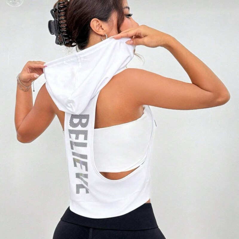 New Cross-border Yoga Clothing Women's Beautiful Back Hooded Fitness Quick-drying Vest, Running Sports Naked Sense Letter Printing