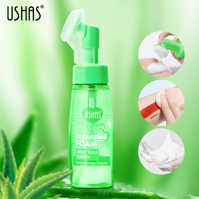 USHAS spot transfronterizo venta caliente espuma de limpieza de aloe vera hidratación hidratante limpia la cara con cepillo de masaje