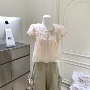蕾丝泡泡袖杏色苎麻衬衫