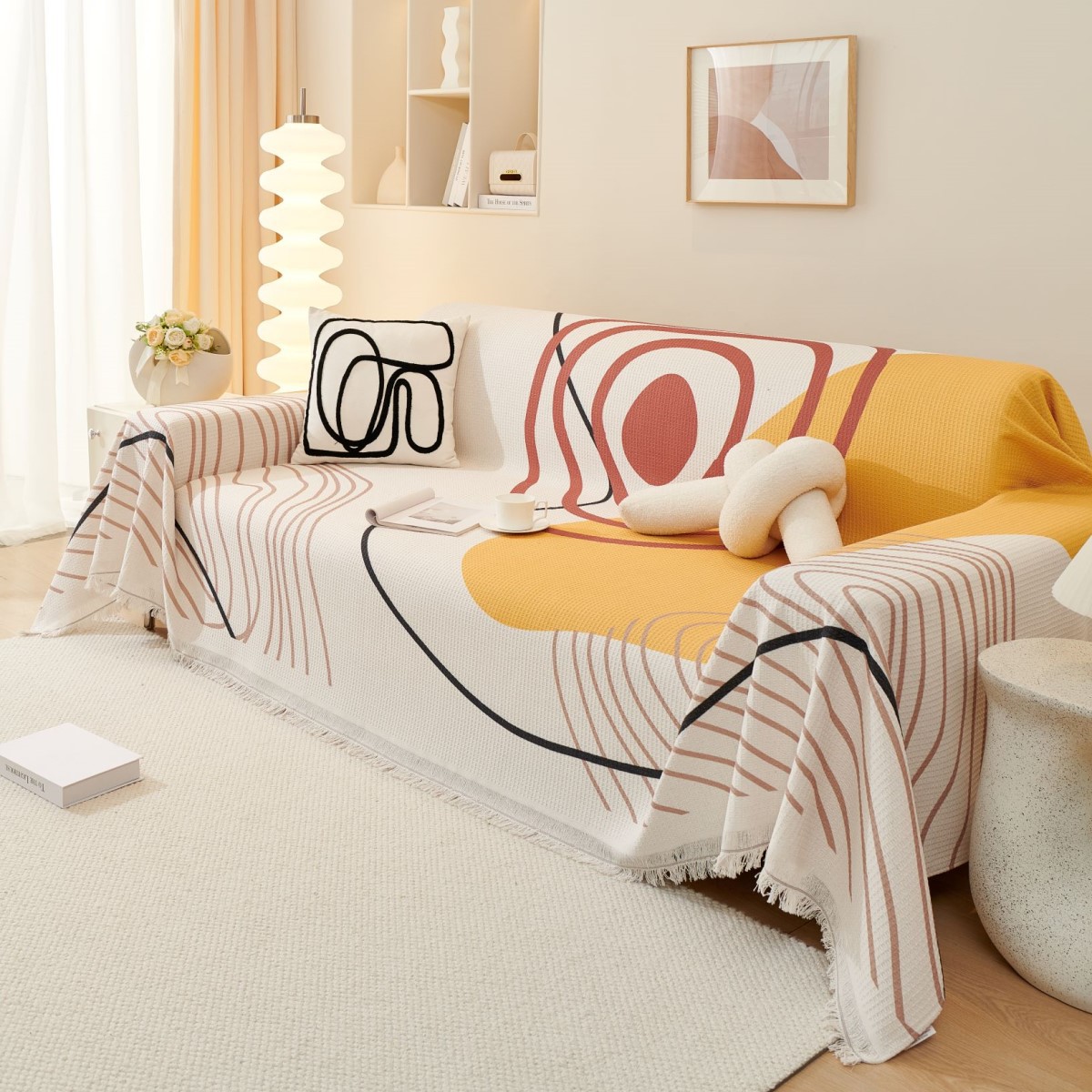 Copridivano universale in cotone e lino, moderno, semplice, con stampa a nido d'ape, per tutte le stagioni, lavabile in lavatrice_voghion.com