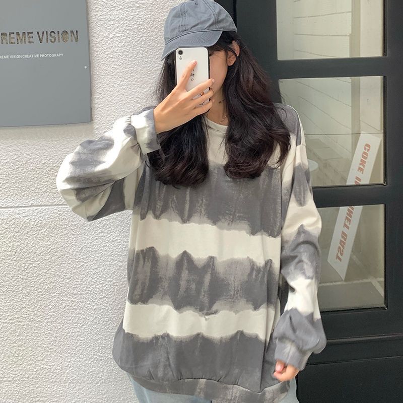 2025 Spring and Autumn Korean Style New Arrival Loose BF Lazy Style All-Match Tie-Dye Round Neck Sweatshirt Women's Mid-length Women