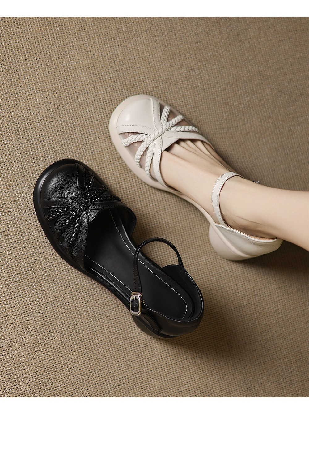 Sandal quai ngang nữ mũi bao da bò gót dày kiểu La Mã lưới rỗng — đen chi tiết 9