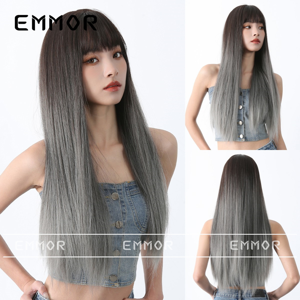 Peluca de celebridades de internet de estilo coreano cabello largo femenino flequillo de dibujos animados cabello recto puro quiere mostrar el color del cabello blanco simulación natural peluca cubierta de la cabeza