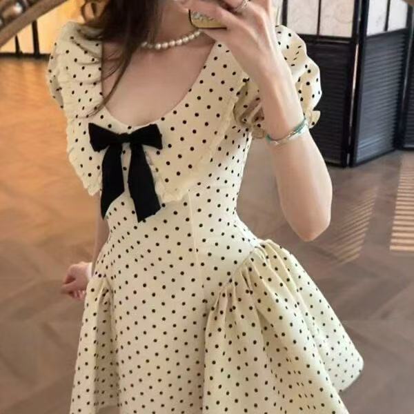 フレンチスタイルのリボン半袖水玉ドレス女性のための夏の新しいウエスト痩身美しいAラインスカート|undefined