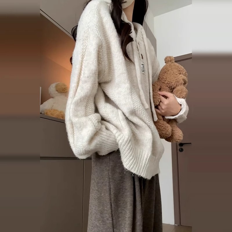 韓国スタイルのルーズでレイジーなスタイルの女性用フード付きセーター、2025年秋冬の新しい柔らかくワックスのような厚みのある巾着ニットスウェットシャツトップ|undefined