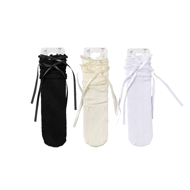 Botas Calcetines de tubo fino de verano de algodón cómodo y transpirable encaje hueco blanco y negro lazo estilo ballet calcetines de pila