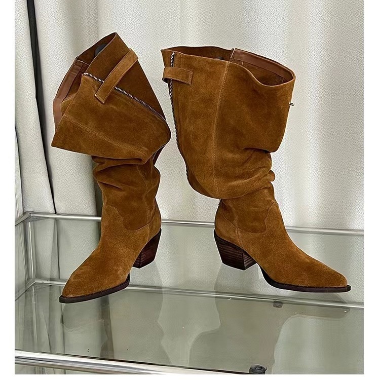 ハイヒールの大きい筒の周りの長靴の女性の2024年の秋冬の新型の鋭いギャルの西部のカウボーイの靴の太いです。