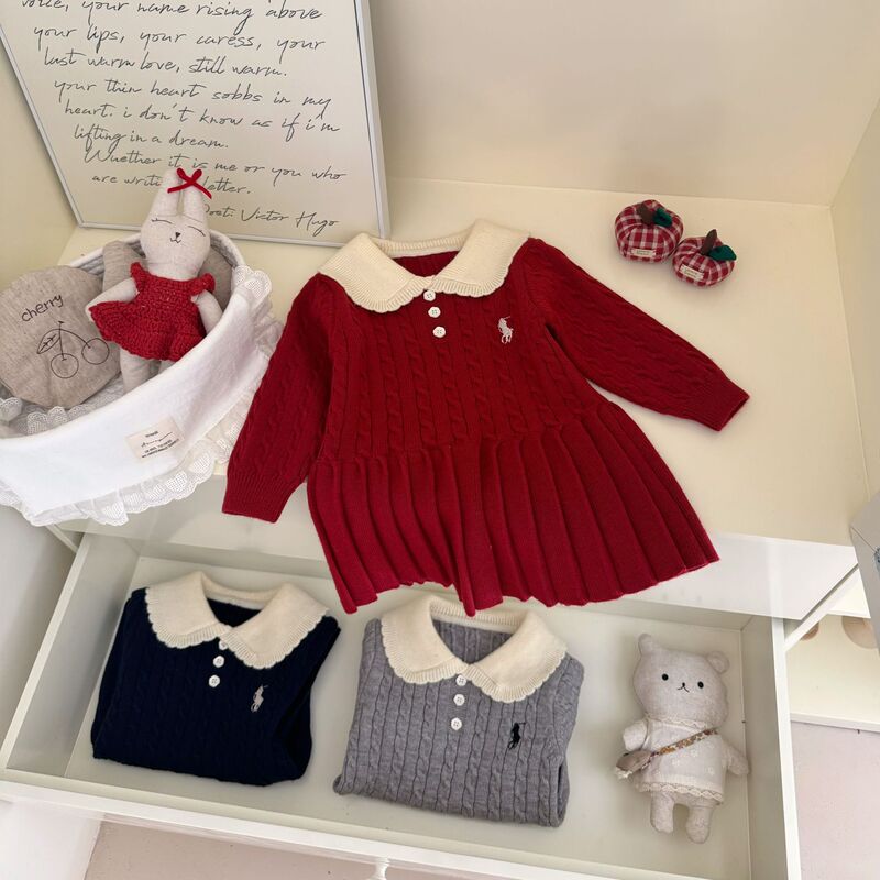 Baroujia Children's Clothing: Girls' Solid Color Collared Pleated Sweater Dress, 2026 New Korean Style Autumn Children's Sweater Trend