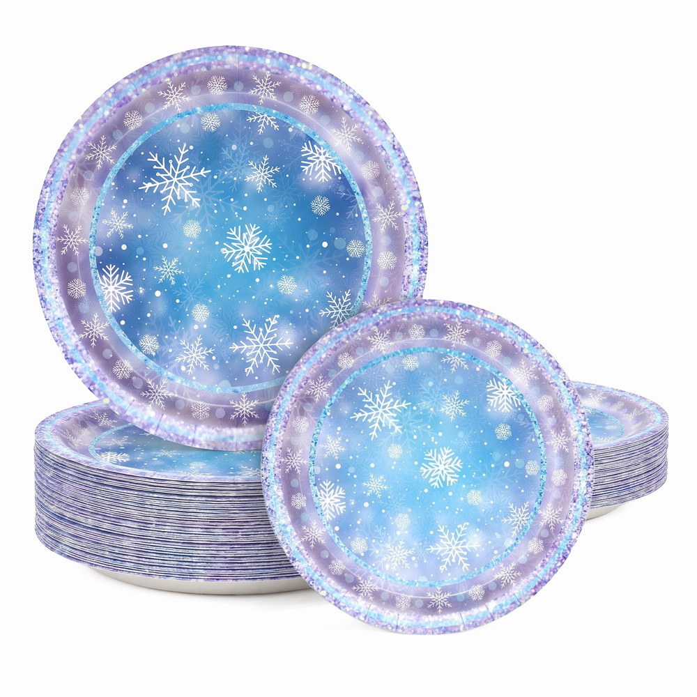 Blue and purple snowflake glitter paper plates, winter ice and snow theme disposable dinner plates, Christmas and New Year party dessert table tableware