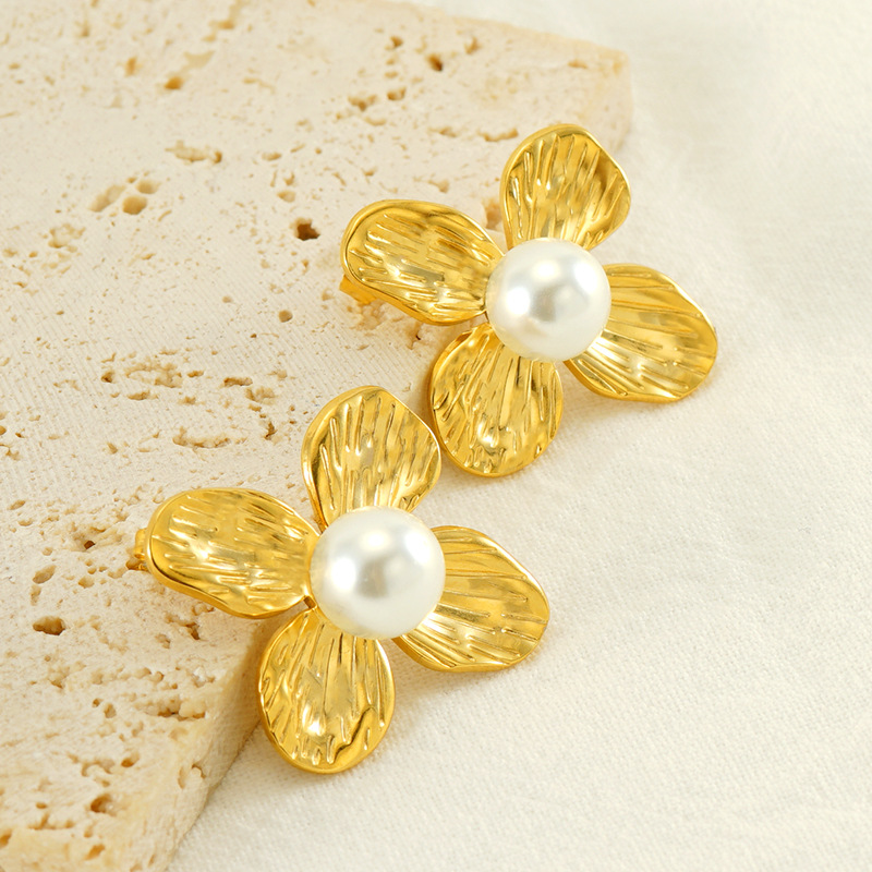 Exaggerated Gold Pearl Drop Earrings Stainless Steel Jewelry_voghion.com