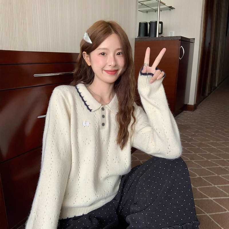 Color-Blocked Lapel Knitted Sweater for Women in Autumn and Winter New Style Korean Style Versatile Age-Reducing Soft Waxy Bottoming Shirt Top