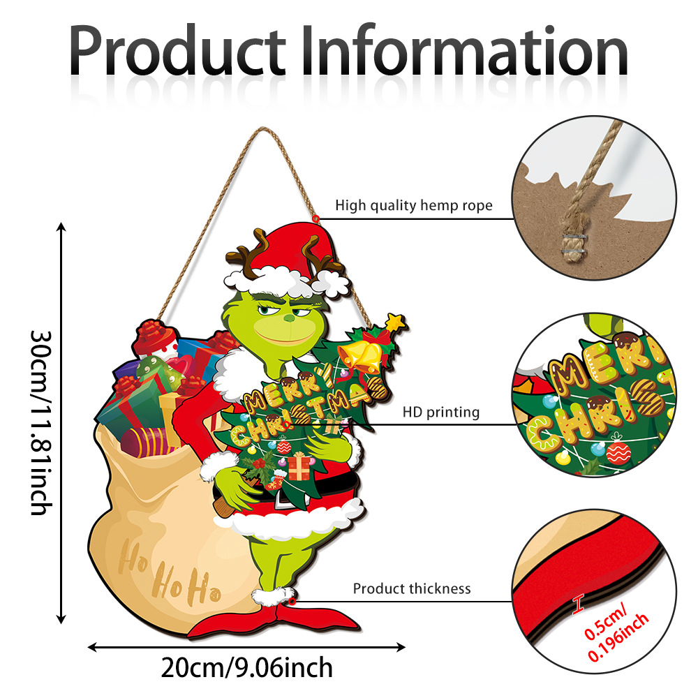 Letreros de madera de Navidad colgantes de pared festivos decoración de pared Grinch colgantes colgantes de puerta de pelo verde