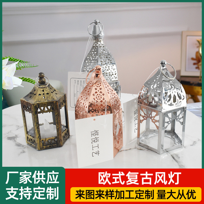 欧式中式铁艺玻璃手提灯复古蜡烛台户外庭院落地风灯马灯婚庆摆件产品实拍图